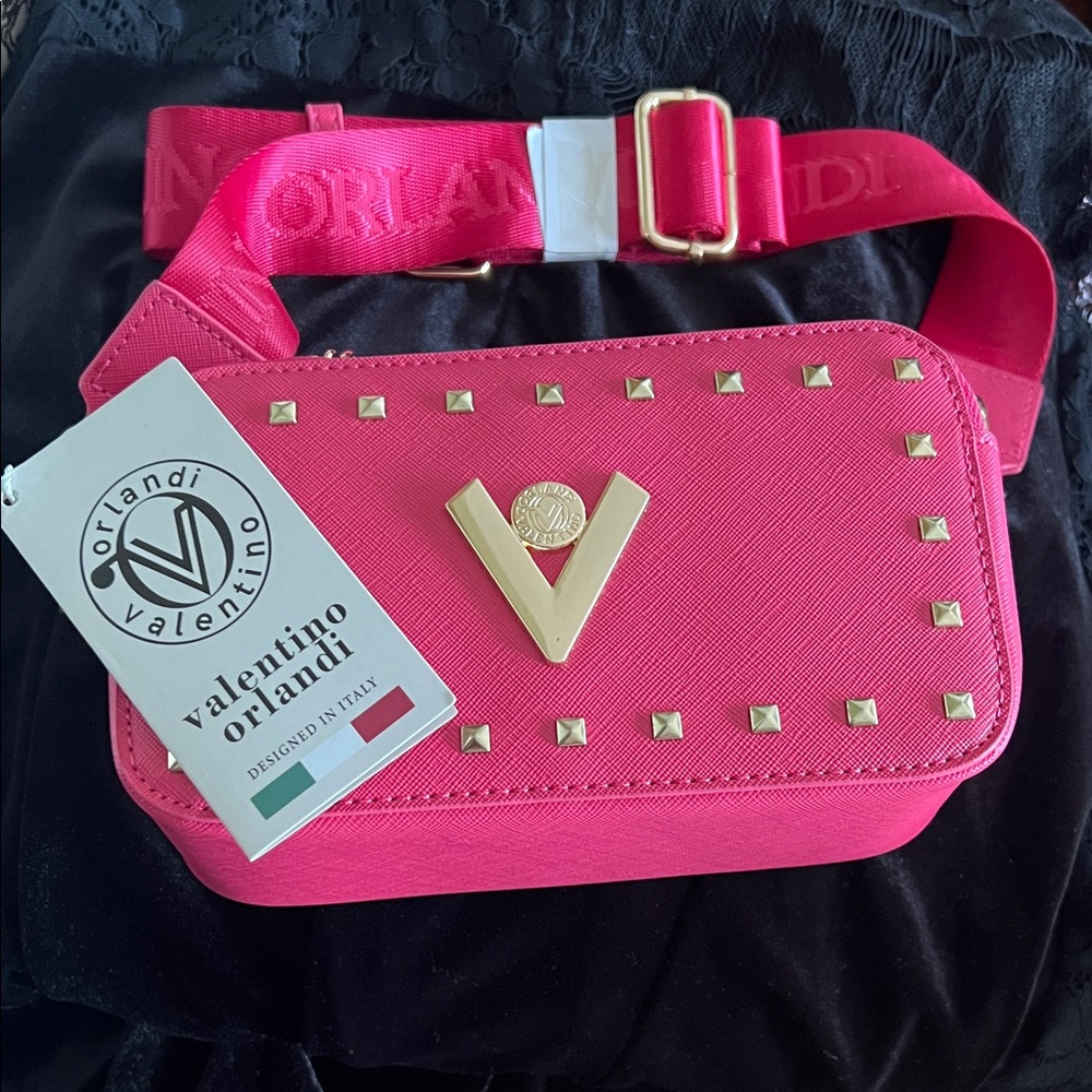 VALENTINO “Orlandi” Fuchsia Crossbody Camera Bag with Gold Studded Accents (NWT)